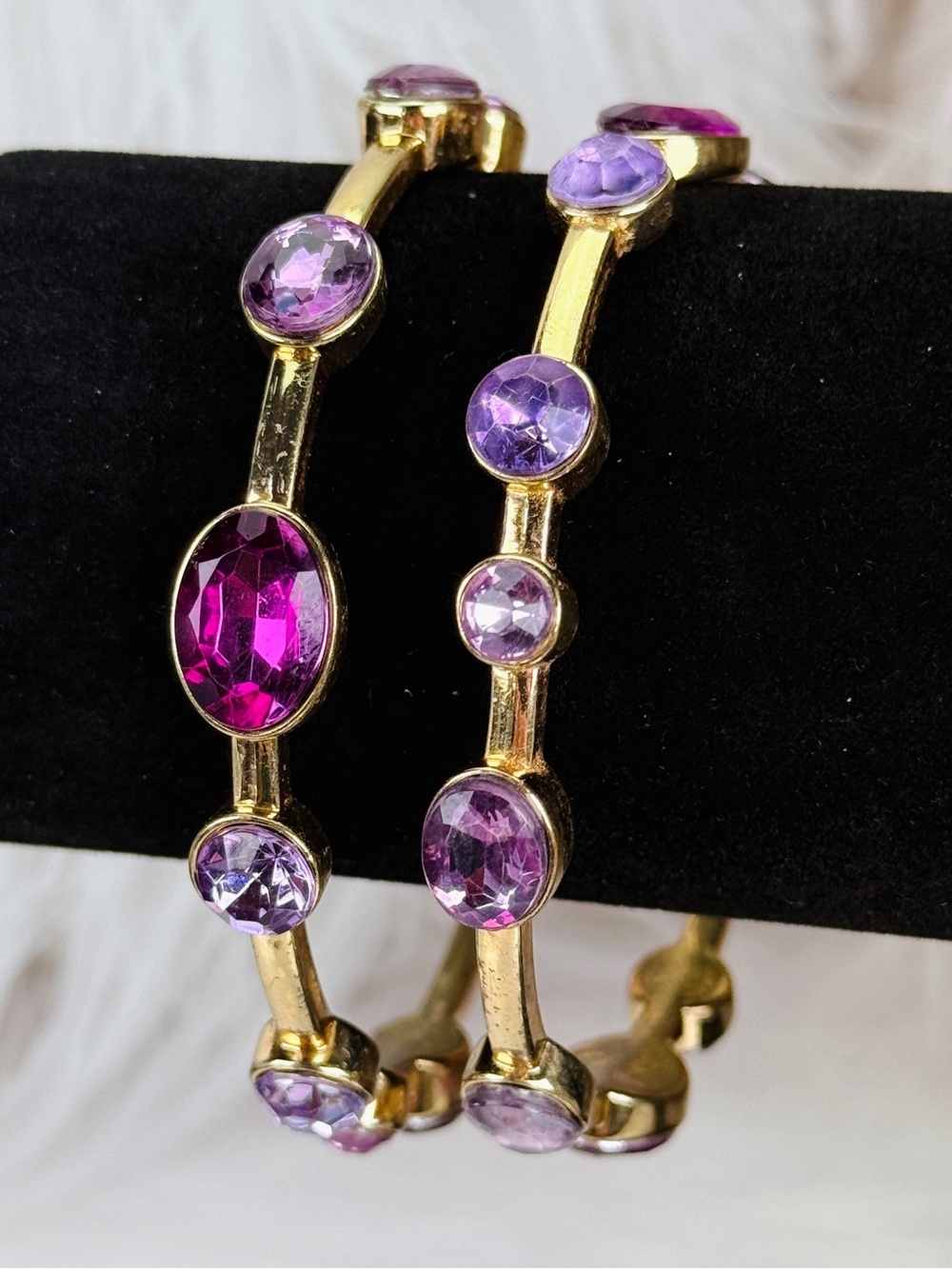 Vintage aged goldtone and purple weighted, stacking set of 2 bangle, bracelets
